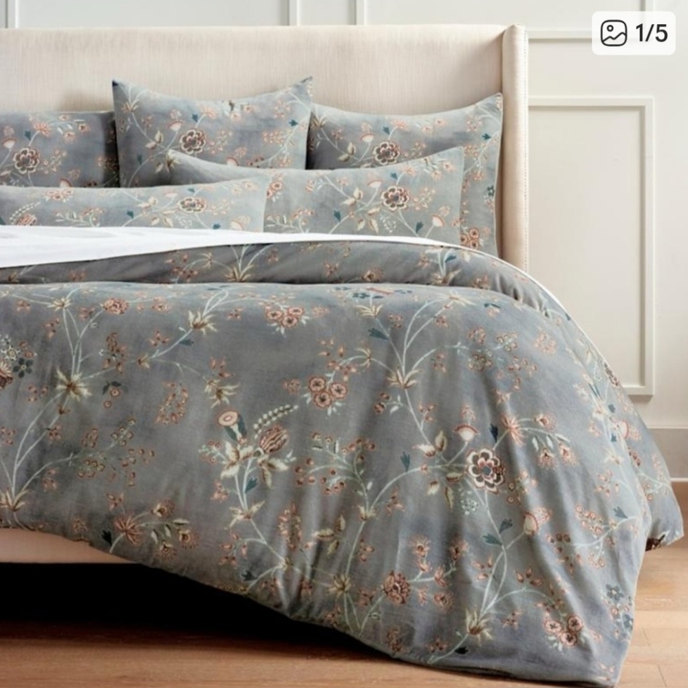 Frontgate Cassia Gray Velvet Floral Duvet Cover QUEEN Size 92”x100”